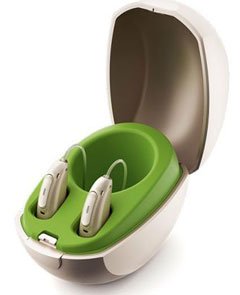 Phonak Marvel hearing aids shown in their case